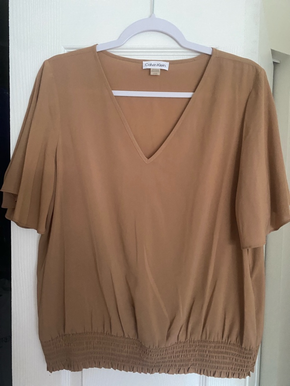 Calvin Klein Tan V-Neck Flutter Sleeve Blouse